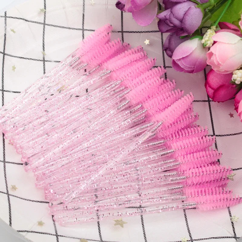 Pink Crystal Eyelash Extension Brushes – Reusable 5/25/50 PCS