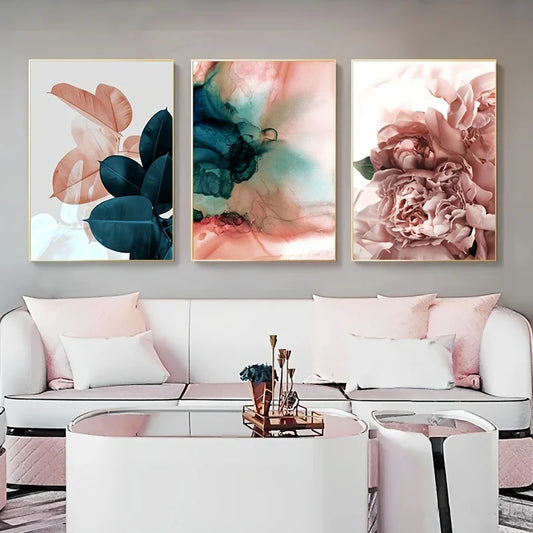 3-Piece Nordic Pink Flower Canvas Wall Art | Living Room Decor Canvas Wall Art Peaceful Pleasures Health and Wellness 80x120cm No Frame ZLH11302-3pcs