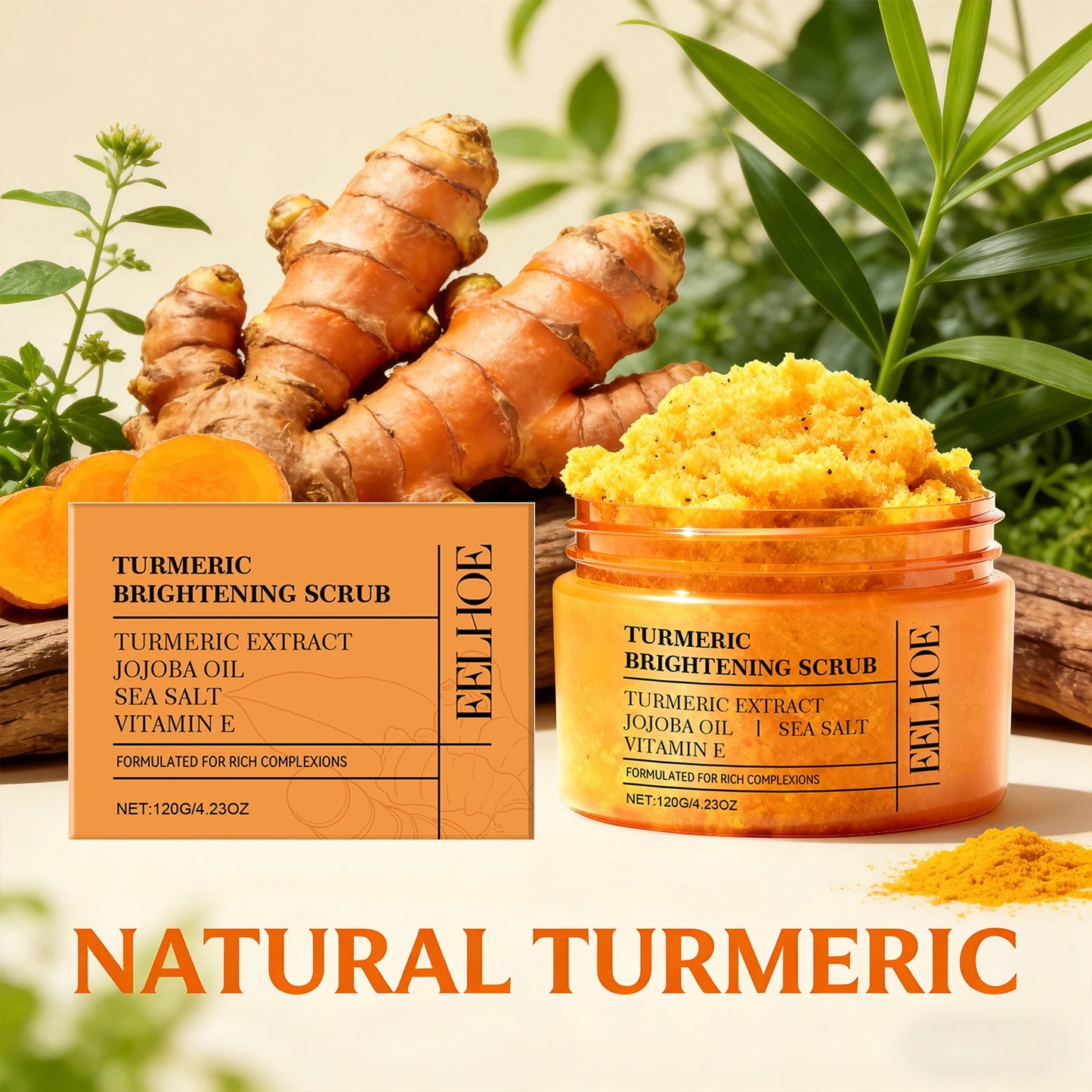 Turmeric Vitamin E Exfoliation scrub Smoothing Brightening Skin Care Reduce Dark Spots refreshed Turmeric Body Scrub Cosmetics Peaceful Pleasures Health and Wellness