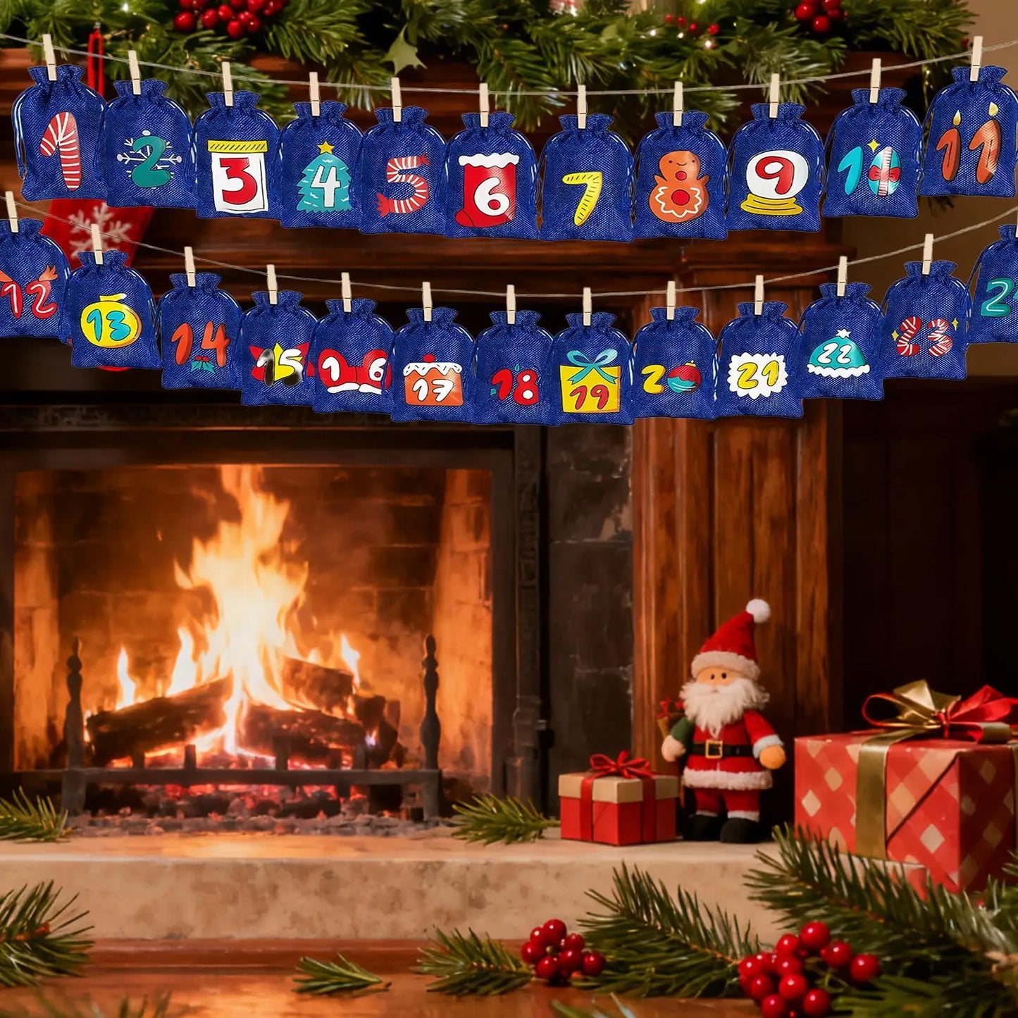 Advent Christmas Calendar Bags 24-Day Christmas Decorations Reusable Empty Drawstring Bags With Numbers For Wedding Holiday Peaceful Pleasures Health and Wellness
