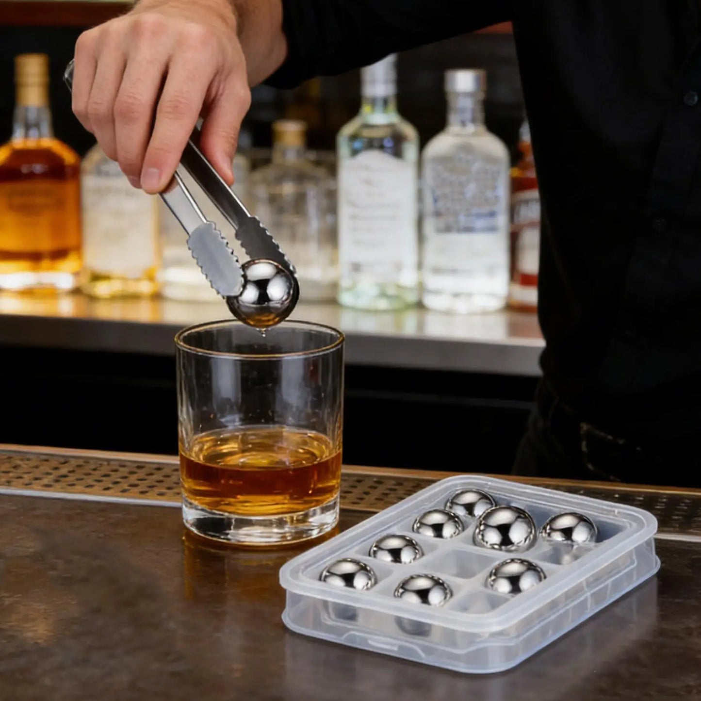 Stainless Steel Reusable Ice Balls for Whiskey – 8 Pack + Tongs