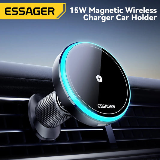 Essager Magnetic Wireless Charger Car Phone Holder 15W RGB Seven Color Light Fast Charging Mount Stand For IPhone15 14 13Android Peaceful Pleasures Health and Wellness