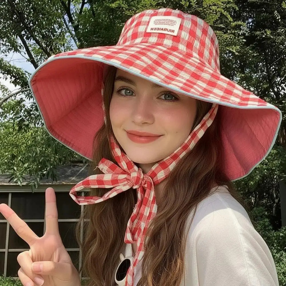 Women Summer UV Protection Wide Brim Sun Hats With Chin Strap Cute Pastel Plaid Beach Hat For Outdoor Travel & Daily Wear Peaceful Pleasures Health and Wellness