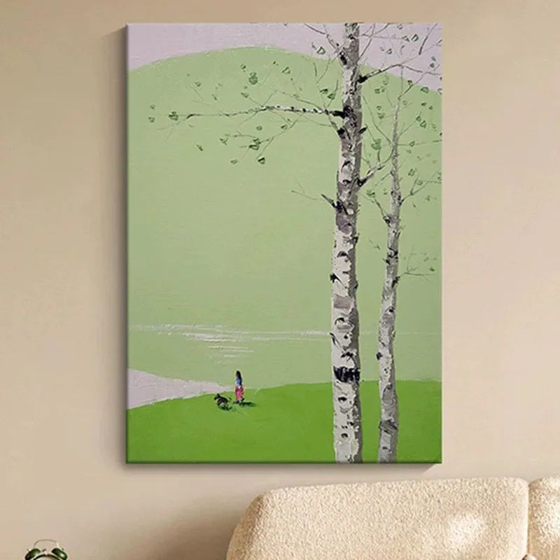 Abstract Mountain Peak Scenery Living Room Modern Minimalist White Birch Tree Decoration Painting Green Picture Entrance Room Peaceful Pleasures Health and Wellness
