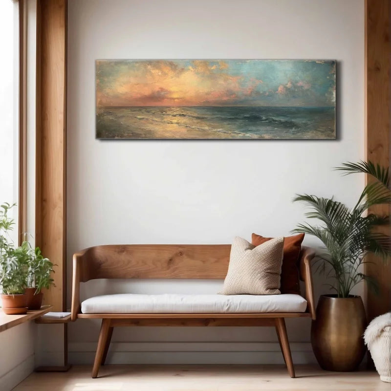 Moody Seascape Wall Canvas Art Unframed, Wide Vintage Horizontal Painting Print, Large Wall Art, Above Sofa/Bed Boho Wall Decor Peaceful Pleasures Health and Wellness