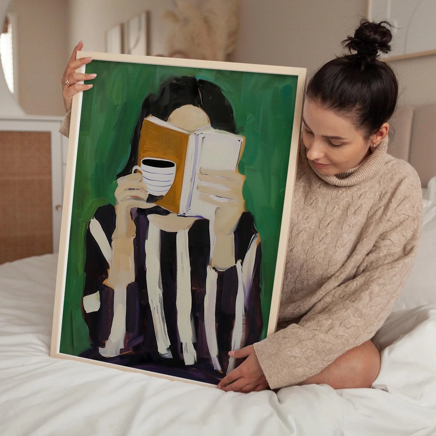 Emerald Green Reading Woman Canvas Wall Art | Minimalist Print