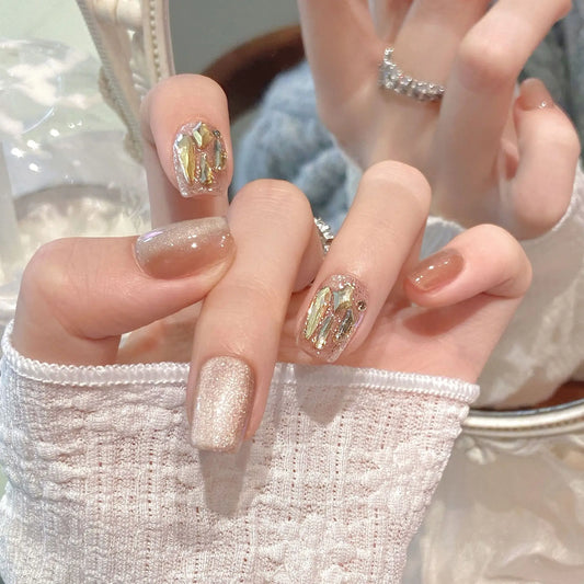 Handmade Short Press on Nails Sparkling Champagne Cat's Eye Fake Nail Tips Wearable Full Cover Fashion Crystal False Nails Peaceful Pleasures Health and Wellness
