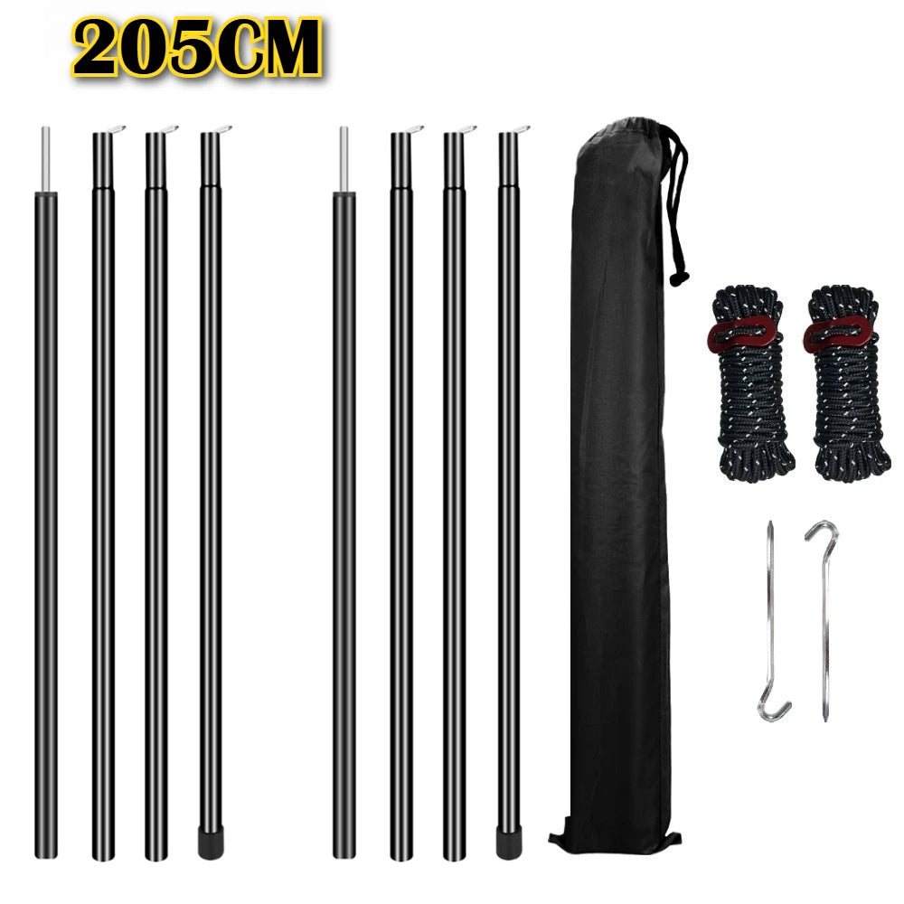 Set of 2 Tent Poles Adjustable Tarp Poles Steel Rods for Tarp Canopy Hiking Camping Replacement with Pegs & Reflective Ropes Peaceful Pleasures Health and Wellness 205CM Black kits