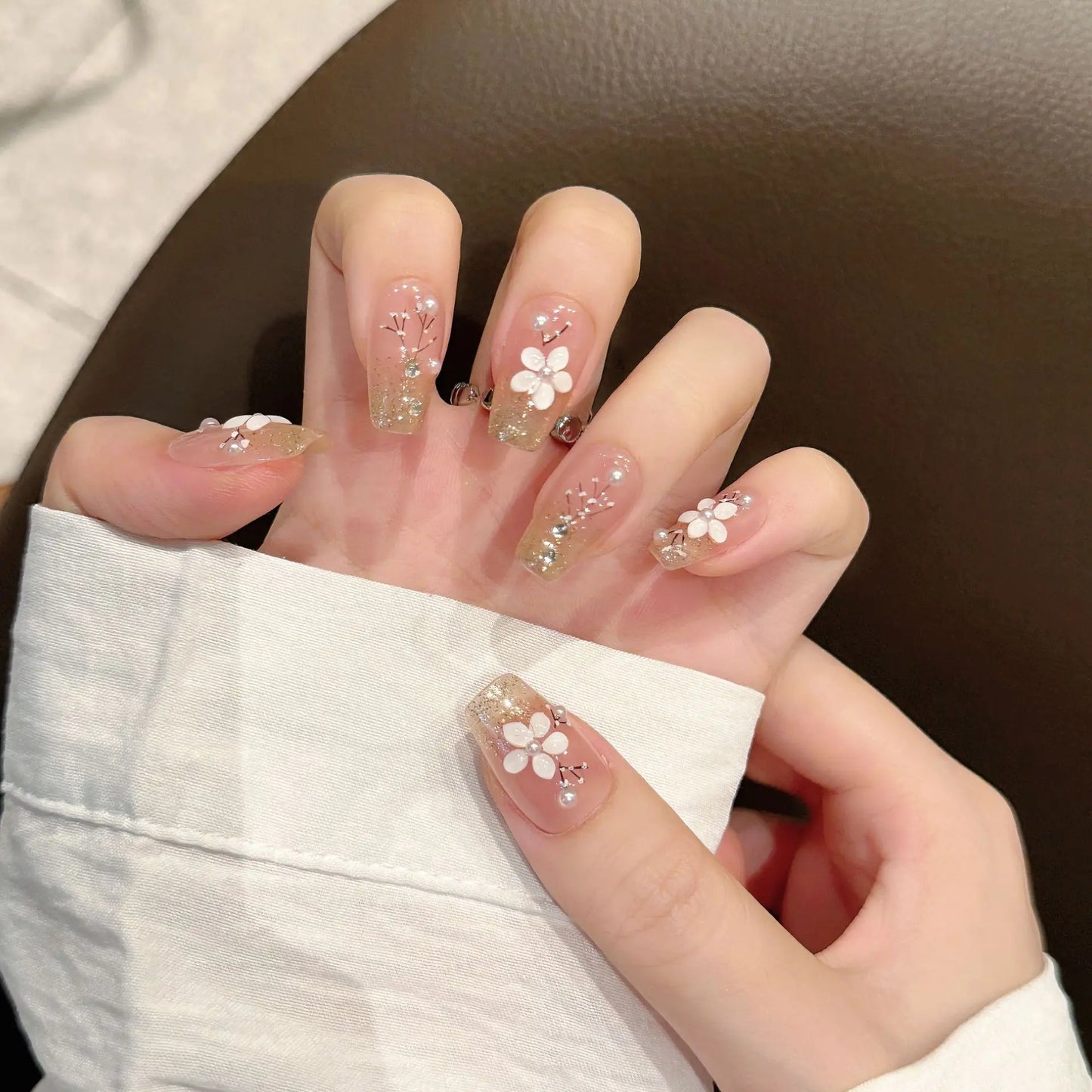 Handmade Press on Nails Shiny Autumn Flower Cat Eye Fake Nail Tips Short Coffin French Nude False Nail for bride Wearable Peaceful Pleasures Health and Wellness