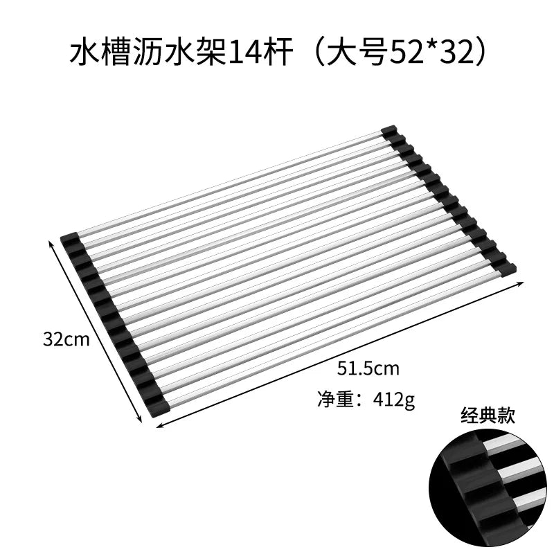 Folded Dish Drain Rack for Kitchen SUS304 Steel,Sink drying Rack,Bowl shelf Roll-up Dish Drying Rack Overthe Sink Plate Storage Peaceful Pleasures Health and Wellness 14 rods big