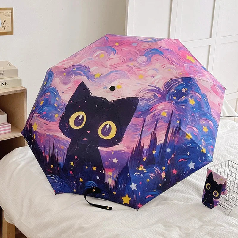 Cartoon Cat Pink Folding UV Umbrella – Auto Open, Sun & Rain