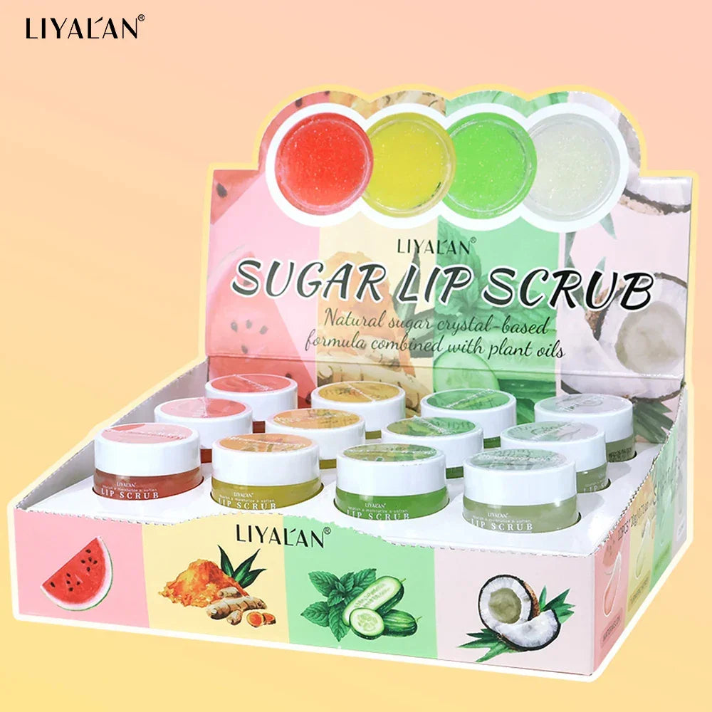 LIYALAN Fruit Sugar Lip Scrub – 12-Pack Assorted Flavors Peaceful Pleasures Health and Wellness