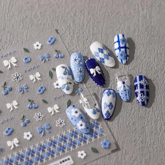 Blueberry Floral Nail Stickers | Blue White Bow Manicure Decals Nail Art Stickers Peaceful Pleasures Health and Wellness