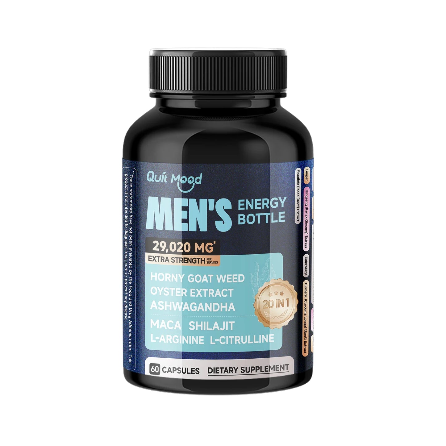 Quit mood Mighty Man Energy 20 in 1 Bottle - Enjoy the Power Every Moment, Horny Goat Weed 300mg, Oyster Extract 200mg, Maca 100 Peaceful Pleasures Health and Wellness 1 bottle United States
