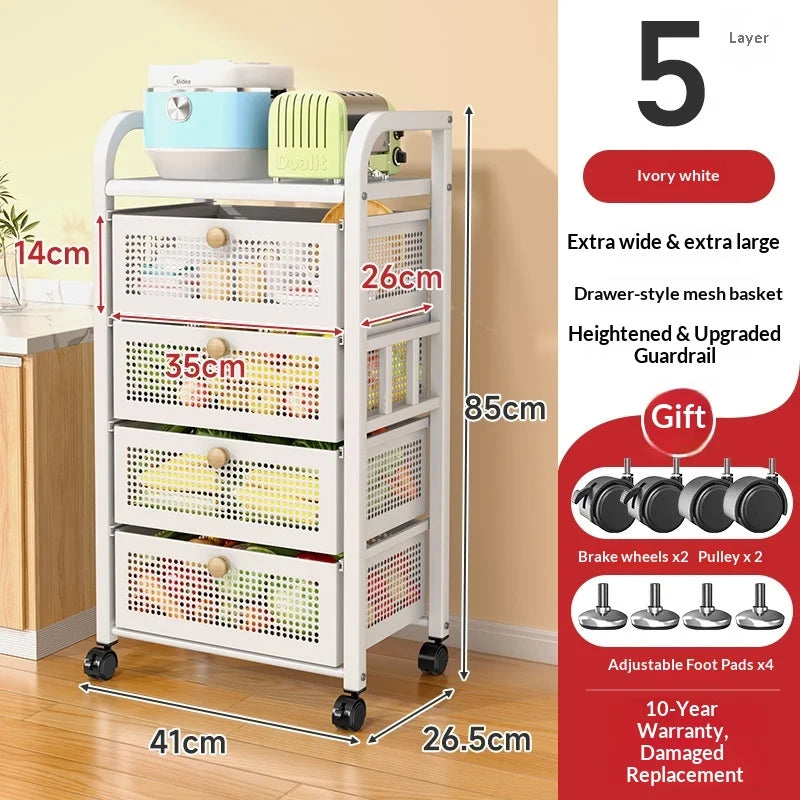 Space Saving Heavy Duty Multi Layer Rolling Fruit Vegetable Basket Storage Cart for Kitchen Floor Standing Organizer Peaceful Pleasures Health and Wellness White 5 Layers