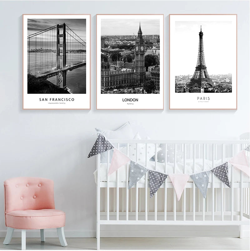 Modern New York London Paris City Wall art Landscape Posters and Prints Black And White Pictures for Living Room Home Decor Peaceful Pleasures Health and Wellness