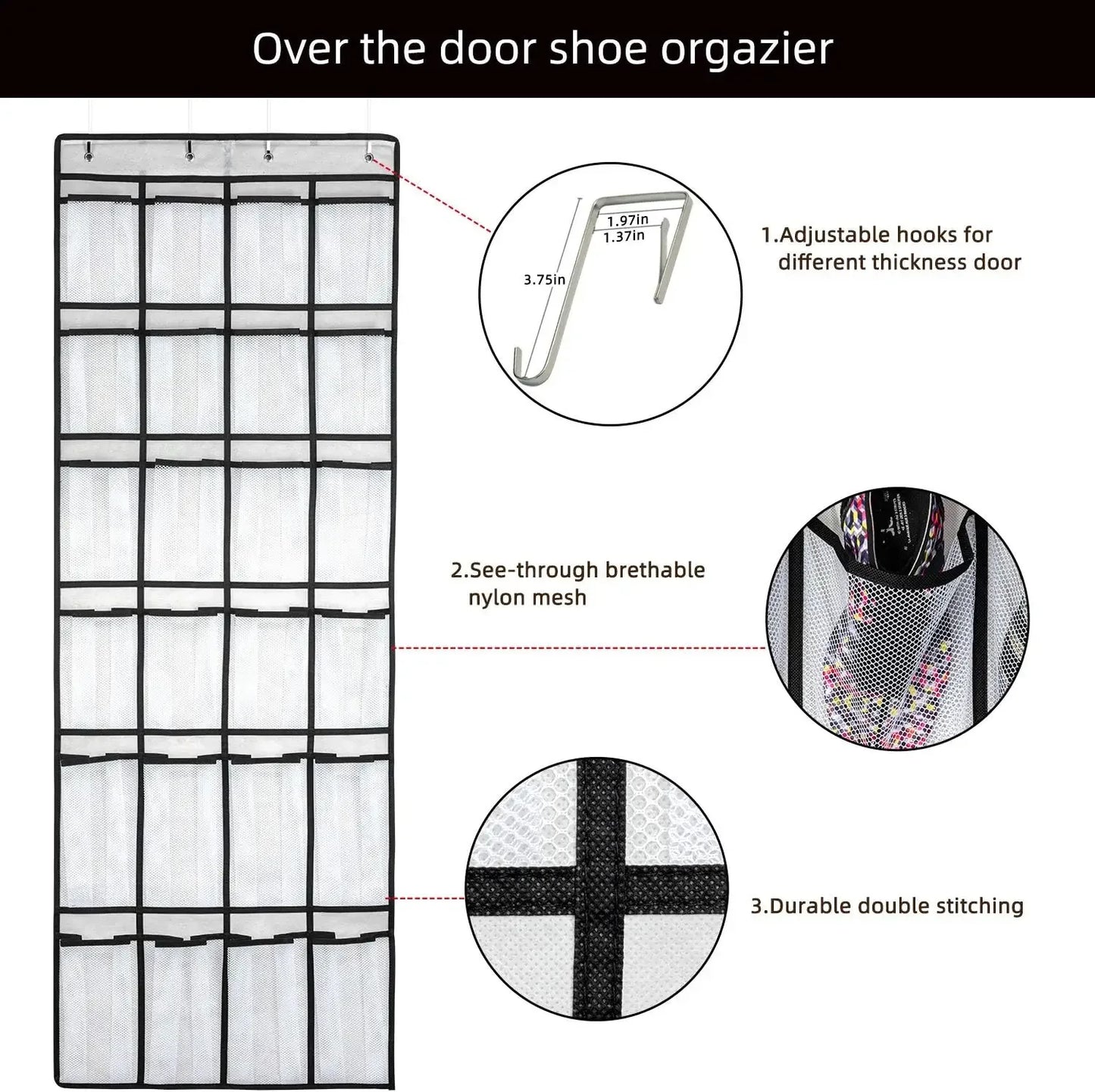 24-Pocket Hanging Shoe Organizer, Breathable Mesh Storage Bag for Men Women Kids Shoes, Space-Saving Door Rack Peaceful Pleasures Health and Wellness
