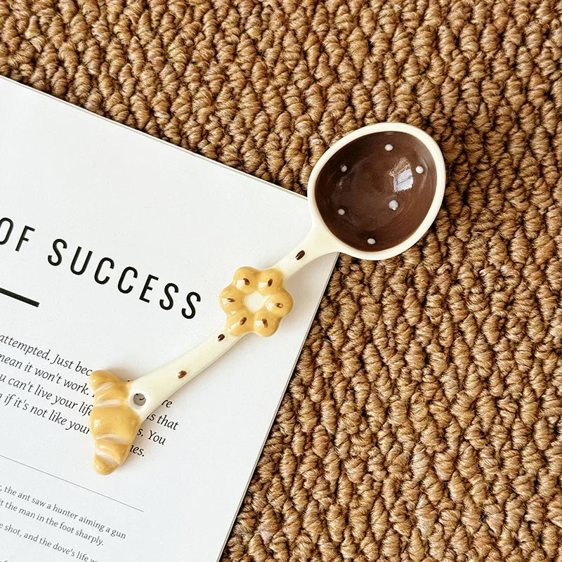 High Aesthetic Ceramic Long Handled Spoon Cute Baking Bread and Biscuit Design Household Rice Spoon Soup Spoon Underglaze Color Peaceful Pleasures Health and Wellness C