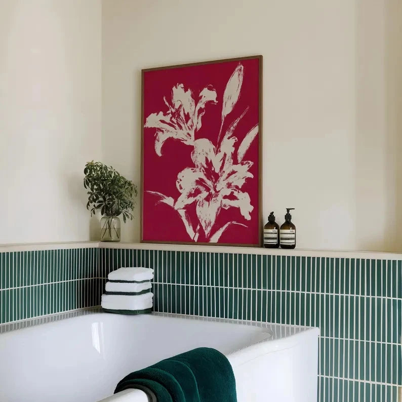 Retro Red Lily Floral Canvas Wall Art Print | Home Decor