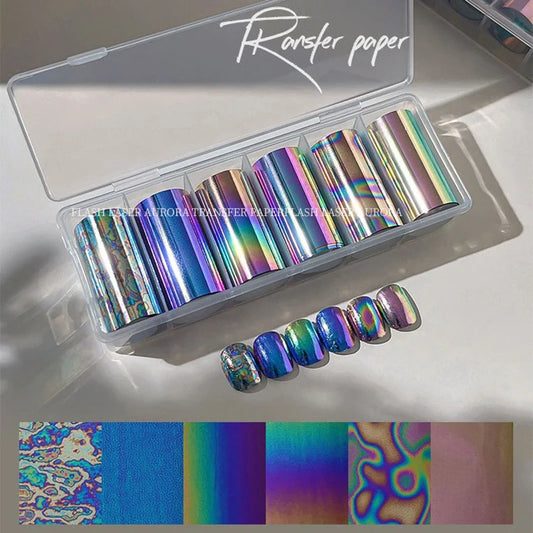 6 Rolls Holographic Aurora Nail Transfer Decals – Iridescent DIY Nail Art Decals Peaceful Pleasures Health and Wellness