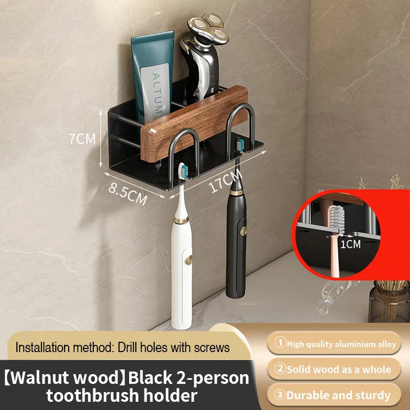 Wall-Mounted Wood Toothbrush Rack & Mug Holder with Squeezer