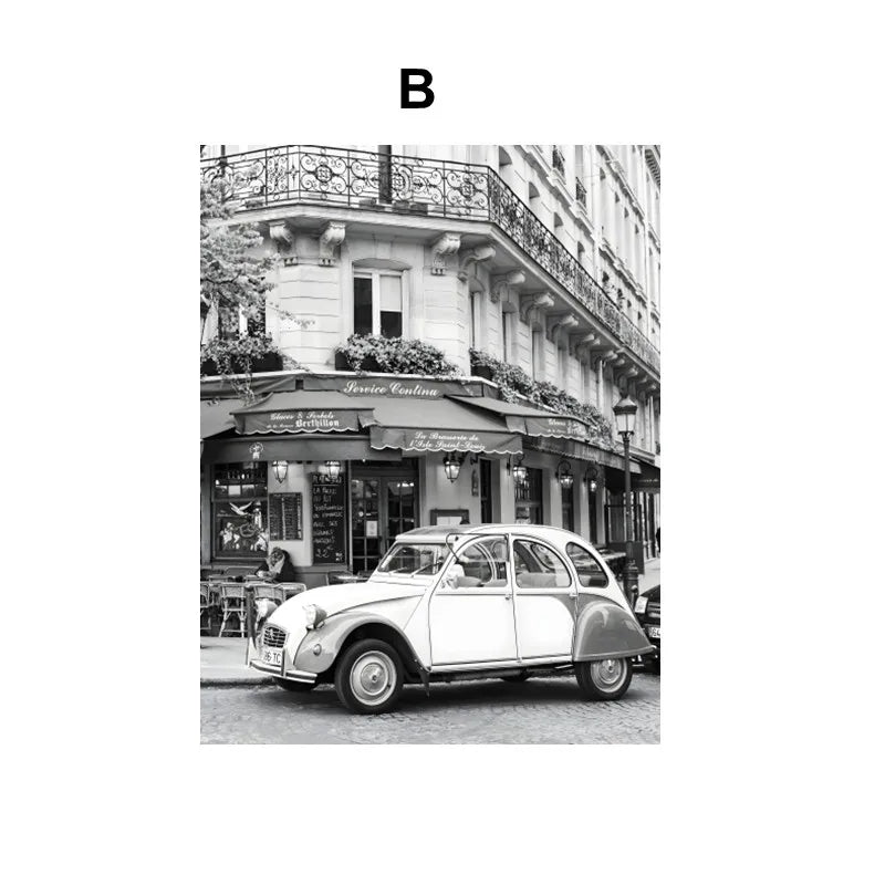 Vintage Car Canvas Wall Art | Nordic Black & White Paris Print