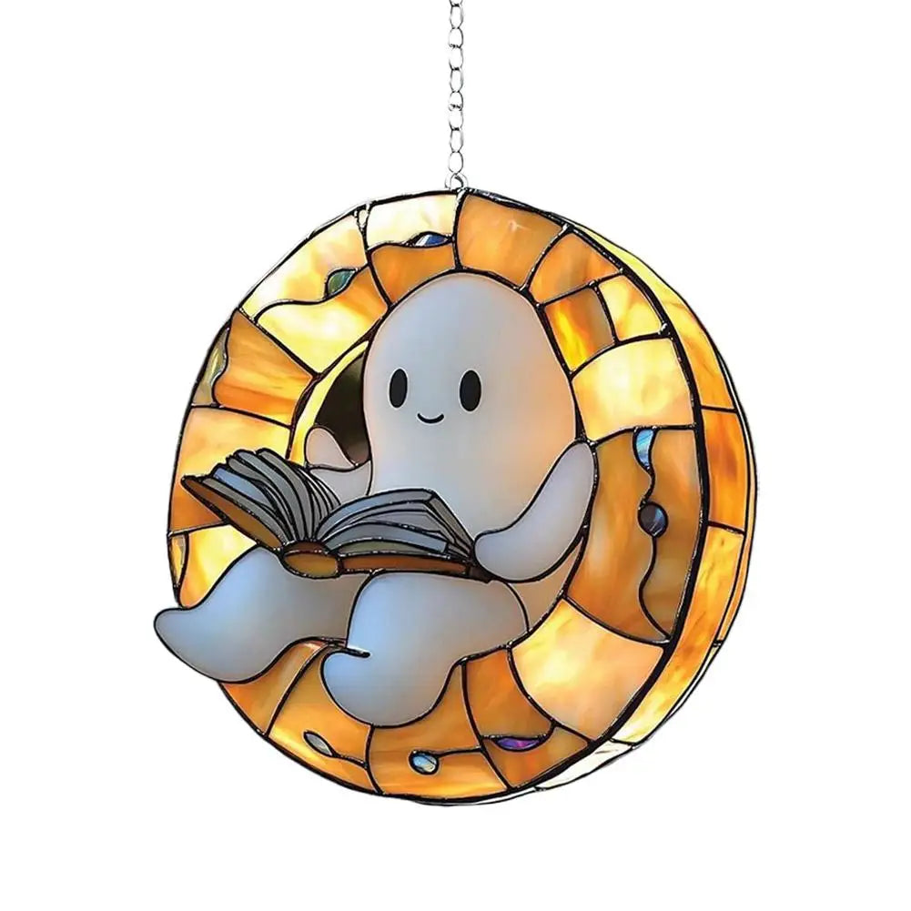 Halloween Ghost Reading Book Acrylic Suncatcher Window Hanging