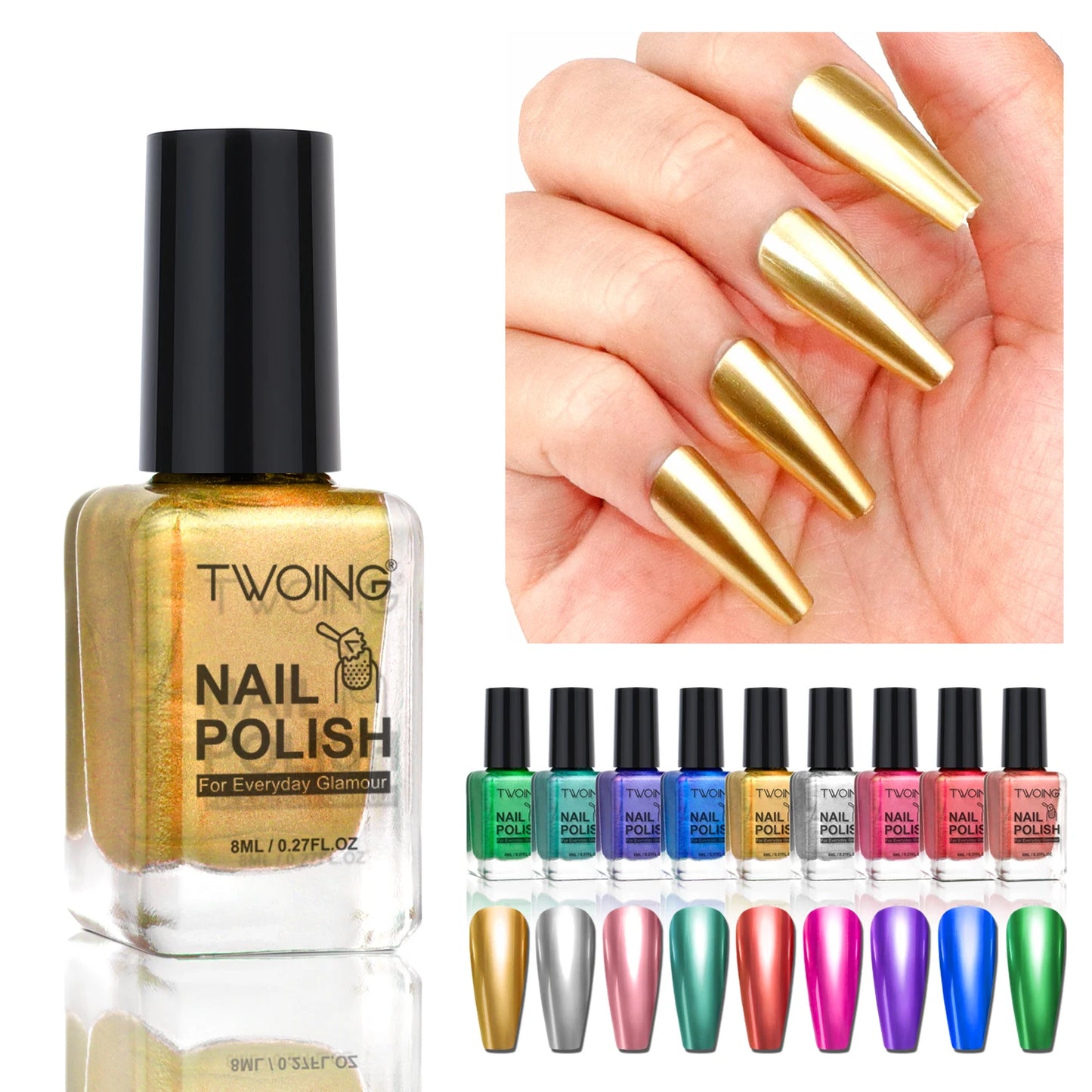 TWOING 8ml 9 Colors Metallic Mirror Nail Polish Set, Quick-Dry Chrome Nail Polish, Long-Lasting High Shine for DIY Manicure Peaceful Pleasures Health and Wellness
