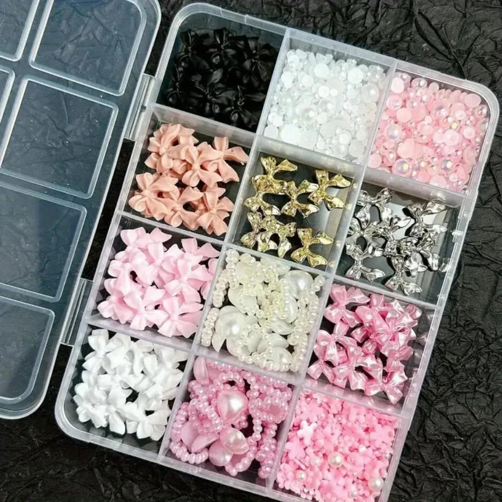 1 Box Multi Ribbon Bow Resin Nail Decoration Mixed Alloy Pearl Love