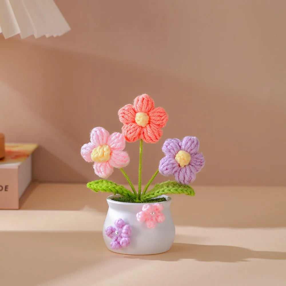 Mini Handmade Crochet Flowers Sunflower Tuilp Flowers Birthday Gift Knitted Flower Pot Decor Desktop Woven Graduation Gift Peaceful Pleasures Health and Wellness Puff