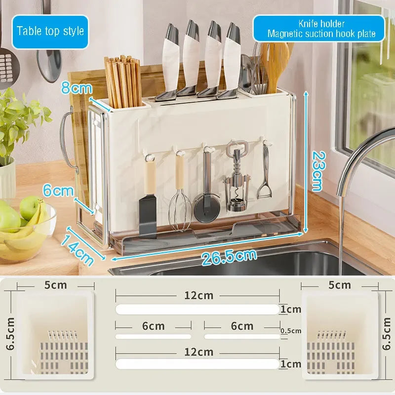 Simple Chopsticks Cutlery Bucket Knives Rack Pot Lid Cutting Board Storage Shelf Kitchen Multifunctional Rack With Drainage Tray Peaceful Pleasures Health and Wellness style 4
