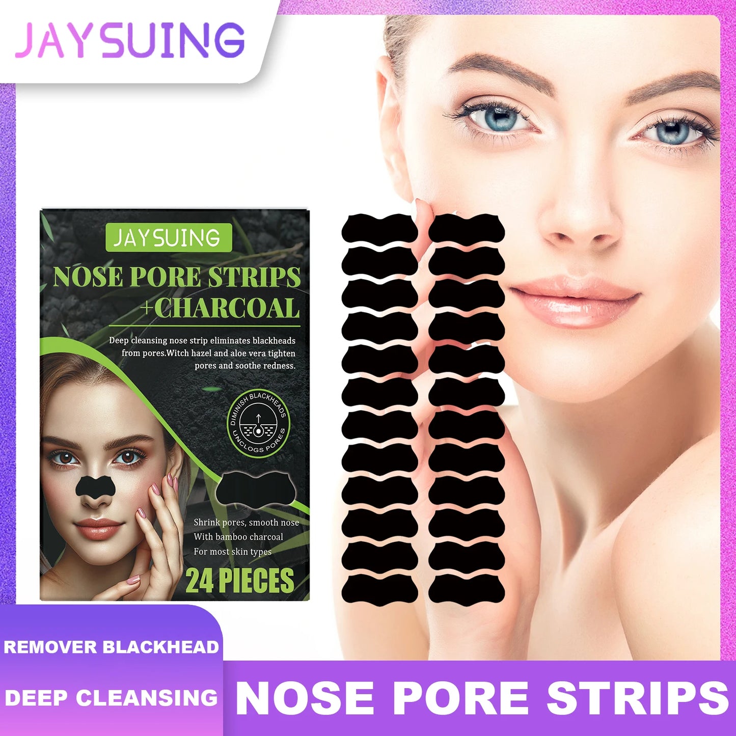 Jaysuing 24-Pack Charcoal Nose Pore Strips – Deep Cleansing