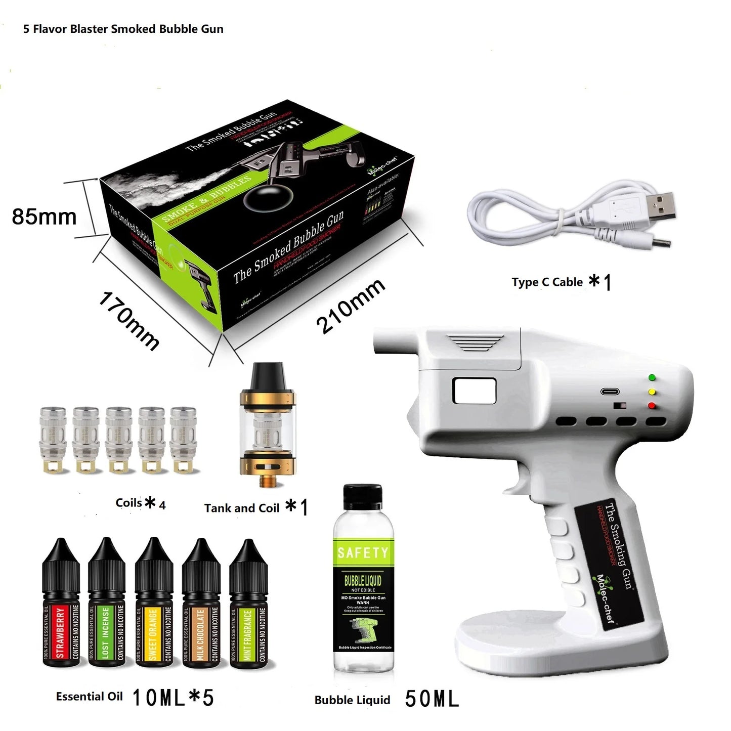 Electric Cocktail Smoking Bubble Gun Includes 5 Flavour Aromas and Edible Bubbles Suitable for Bar Party and Outdoor BBQ Gifts Peaceful Pleasures Health and Wellness White Gun