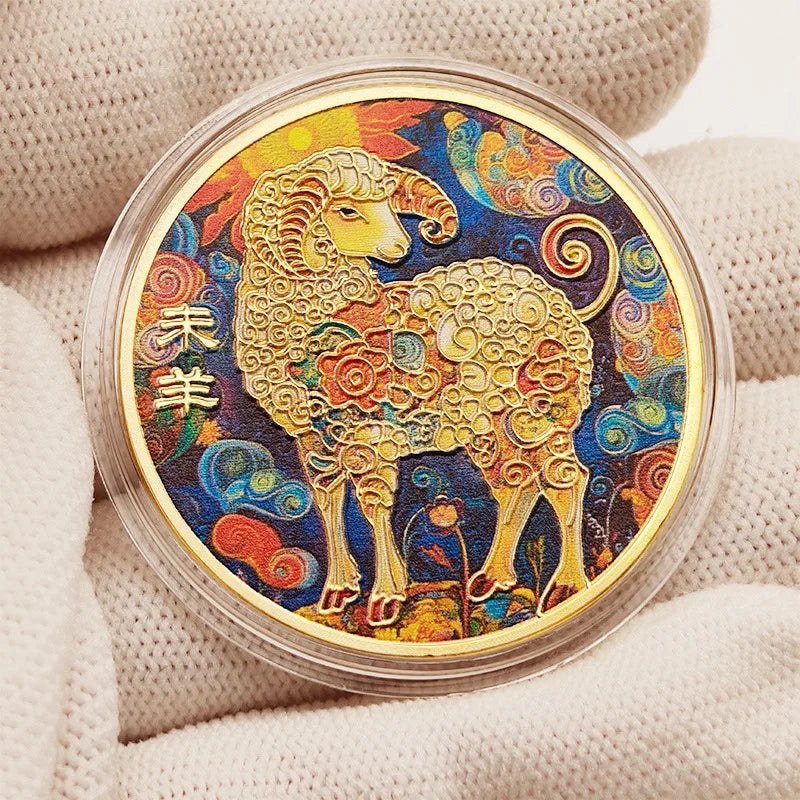 1PCS Colorful Twelve Zodiac Commemorative Medals Golden Coins Pig Dog Chicken Monkey Sheep Snake Horse Dragon Tiger Rabbit Gifts Peaceful Pleasures Health and Wellness sheep