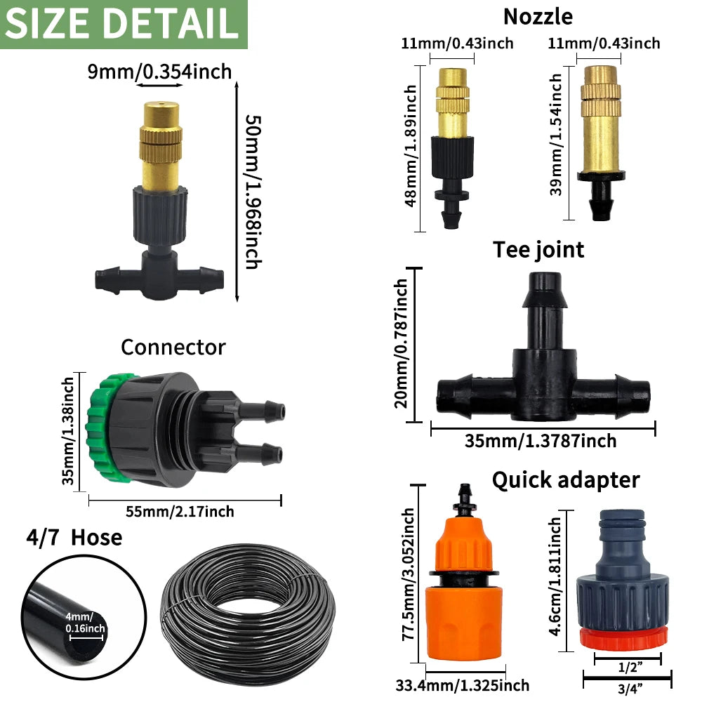 5M-30M Garden Brass Misting Cooling System Irrigation Watering 1/4'' Atomizer Nozzles 4/7mm Hose for Outdoor Greenhouse Pot Peaceful Pleasures Health and Wellness