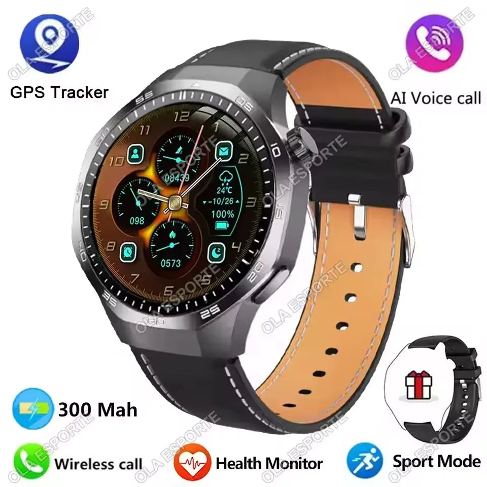2026 New For Android ios Smart Watch Men HD AMOLED Screen GPS Motion trajectory Heart Rate Bluetooth Calls SmartWatch Waterproof Peaceful Pleasures Health and Wellness Black Leather