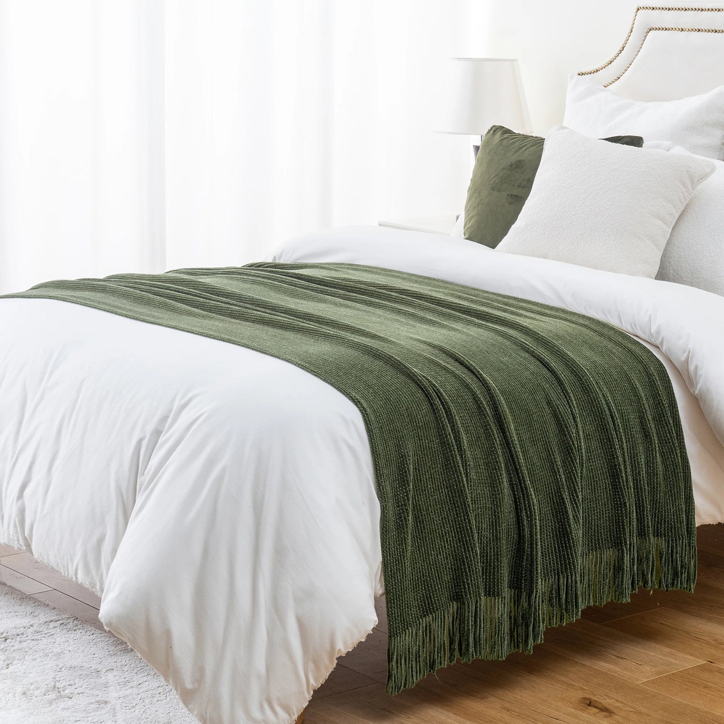 Battilo Chenille Knit Blankets with Tassels Green Plaid Throw Blanket for Bed Couch Decorative Sofa Blanket Bedroom Spring Decor Peaceful Pleasures Health and Wellness