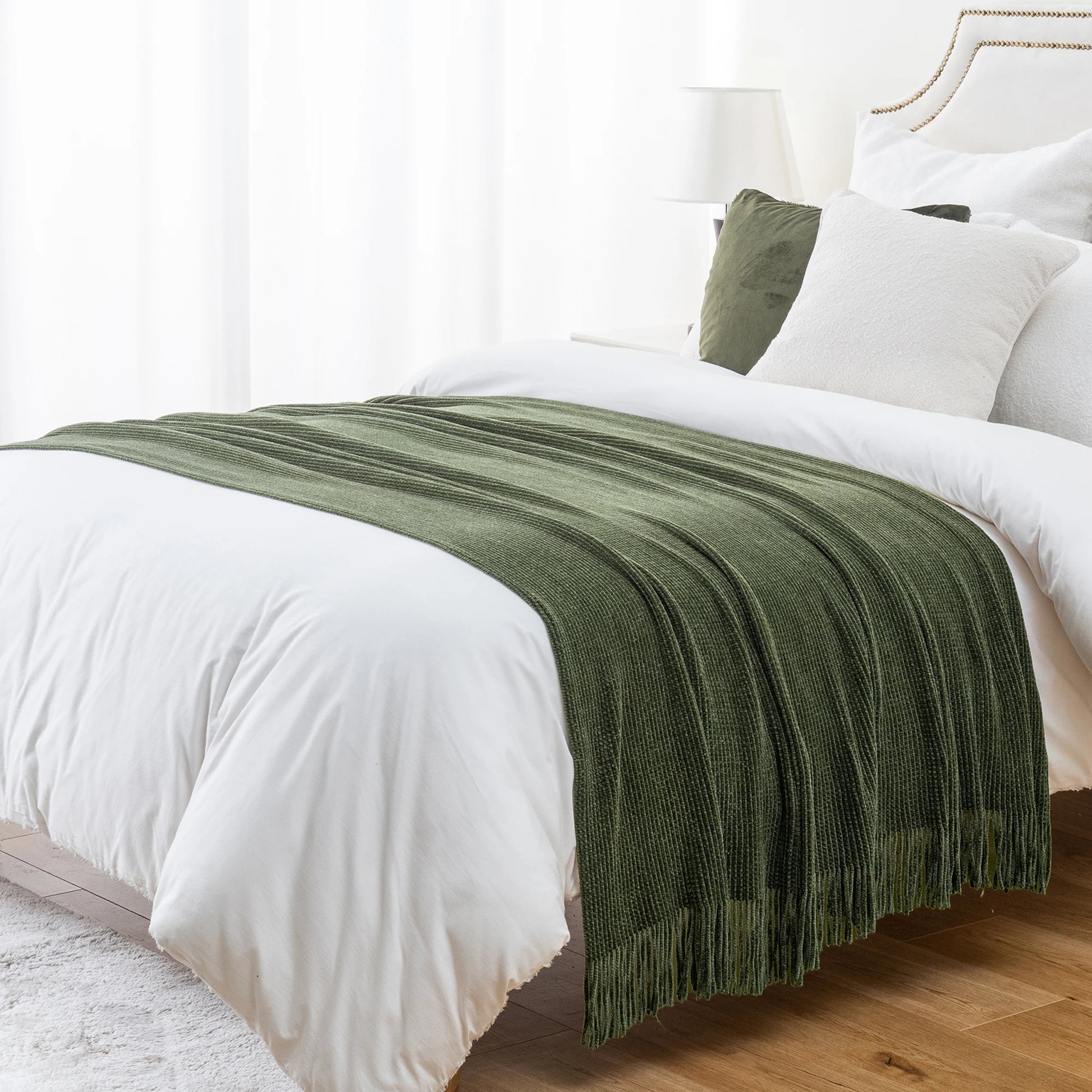 Battilo Chenille Knit Blankets with Tassels Green Plaid Throw Blanket for Bed Couch Decorative Sofa Blanket Bedroom Spring Decor Peaceful Pleasures Health and Wellness