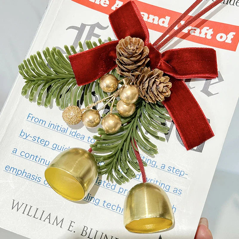 Christmas Jingle Bell Door Hanger – Velvet Bow & Pine Cone Ornament