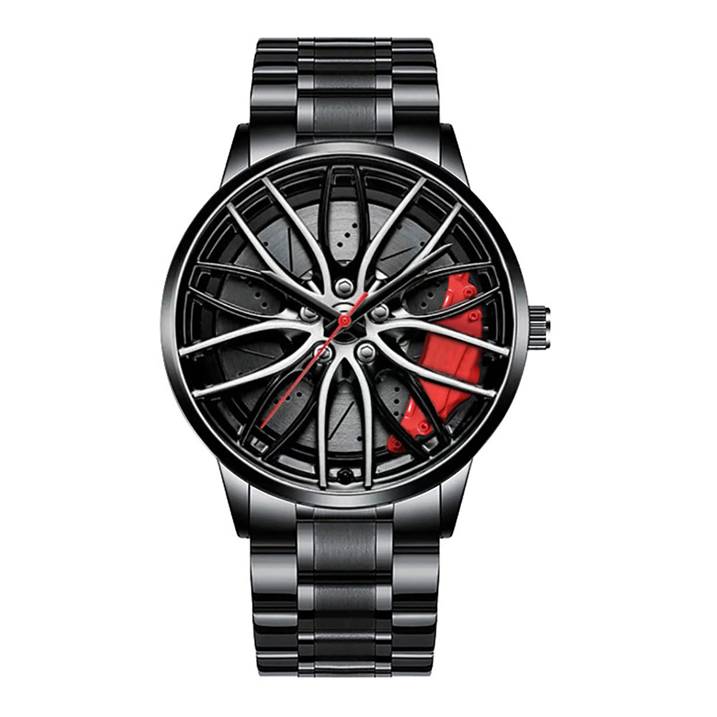 Business Luxury Quartz Watch Car Sport Rim Automatic Movement Round Dial Clock Watches Machinery Men Sport Watch Peaceful Pleasures Health and Wellness B Red Steel Strip