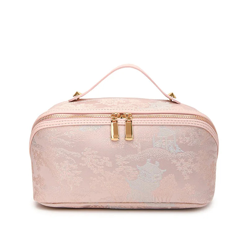 Hot Chinese Style Embroidered Makeup Bag for Women, New Ins Large Capacity Commuting Storage Bag, High-end Handheld Wash Bag Peaceful Pleasures Health and Wellness Pink