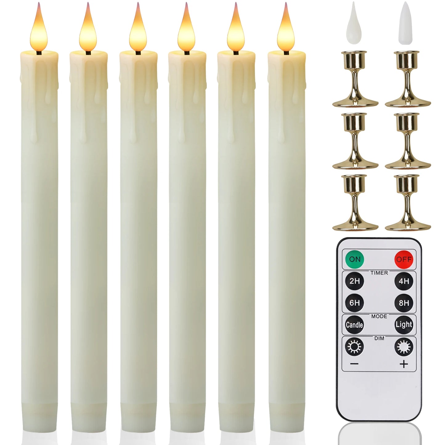 Flameless Candles with Remote Timer Battery Operated LED Flickering Taper Candle for Christmas Decor with 6 Pack Gold Holder Peaceful Pleasures Health and Wellness 6pc ivory