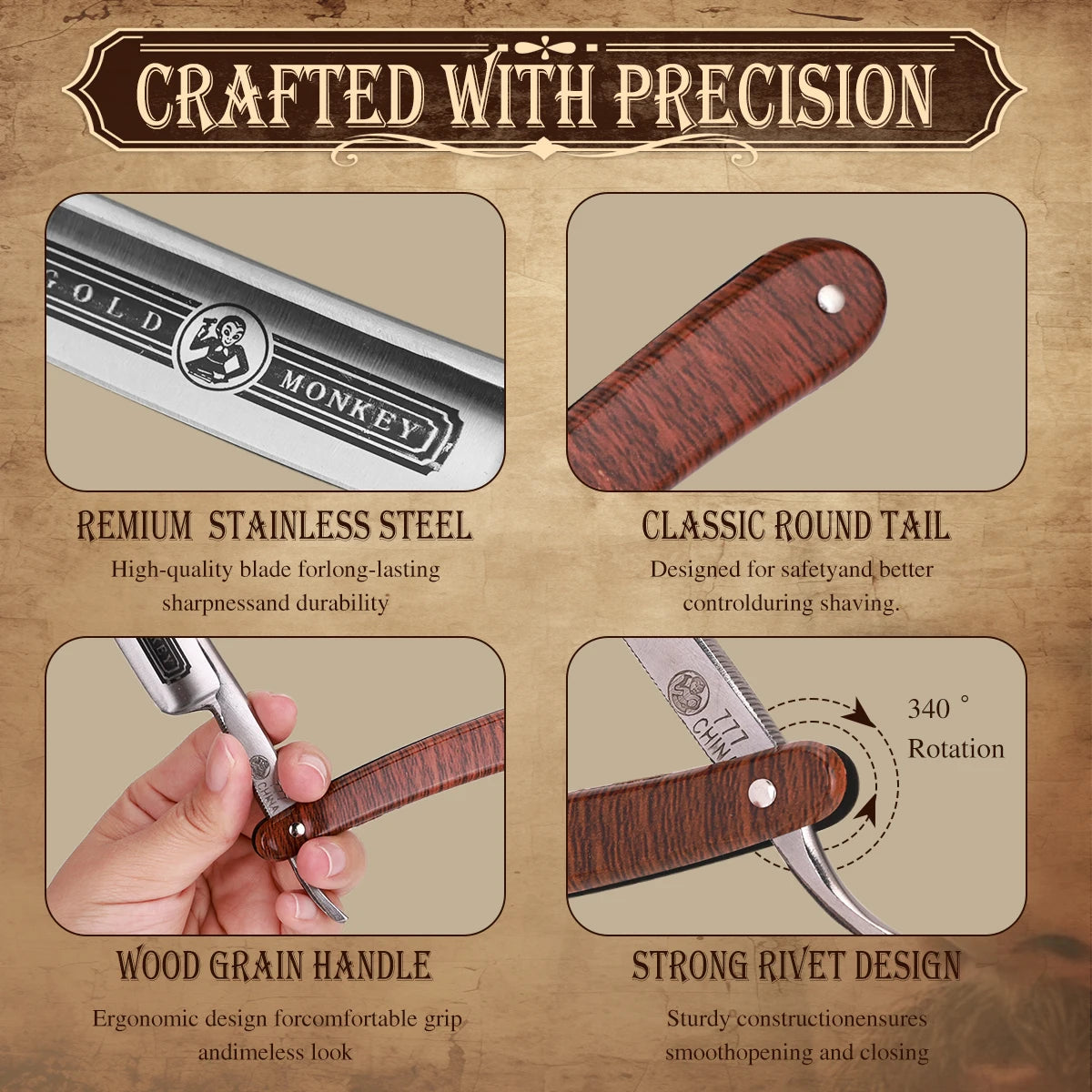 Gold Monkey Vintage Straight Razor,Professional Ultra-Thin Blade Folding Shaving Knife With Wooden Handle Knife For Barber Salon Peaceful Pleasures Health and Wellness