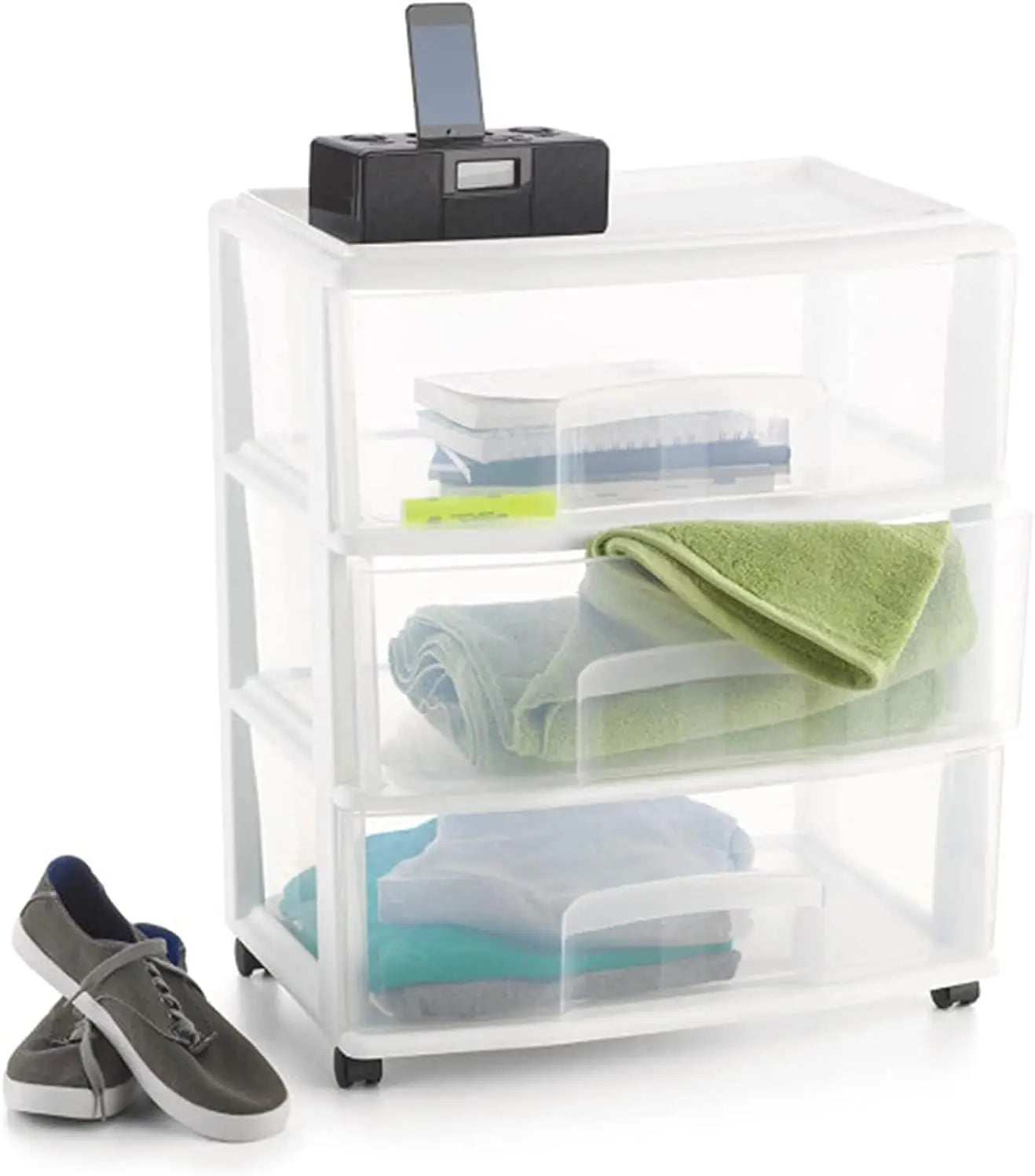 White storage cart with transparent drawers containing folded clothes and a smartphone on top.