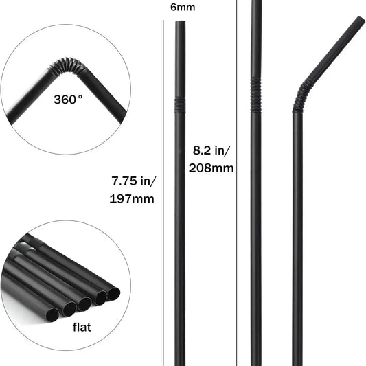 500PCS Disposable Plastic Drinking Straws Flexible Straws Disposable Black PP Plastic Striped Assorted Colors for Home Use Peaceful Pleasures Health and Wellness
