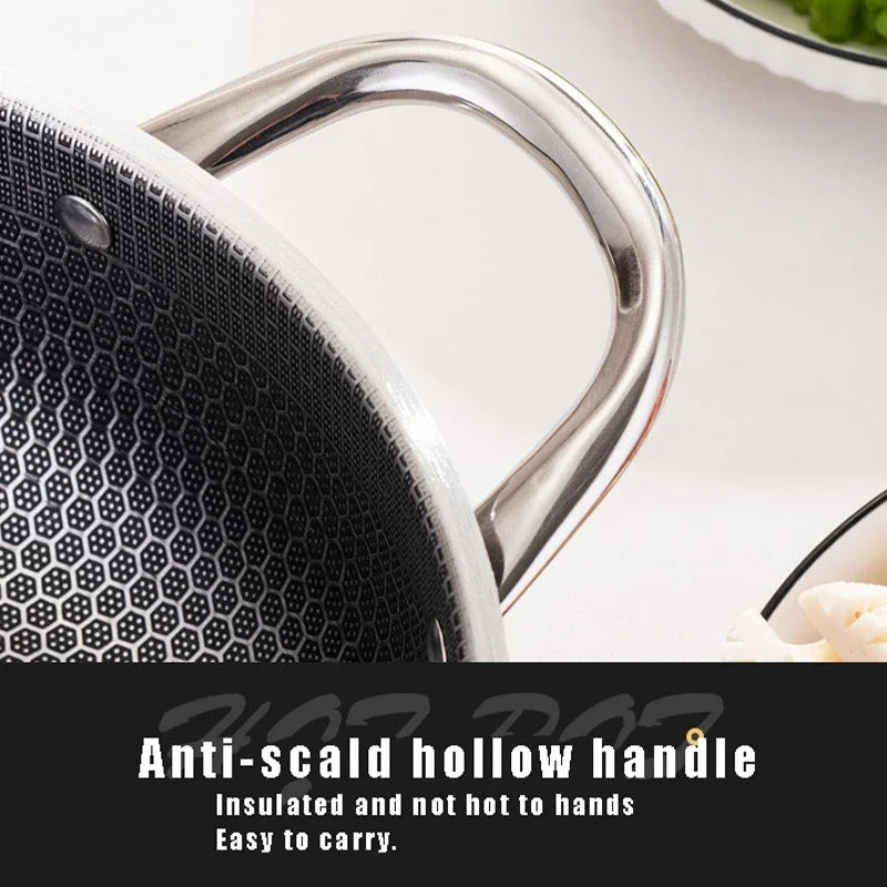 High Quality 410 Stainless Steel Frying Pan Food Grade Honeycomb Nonstick Wok With Double Ears Home induction cooker frying pan Peaceful Pleasures Health and Wellness