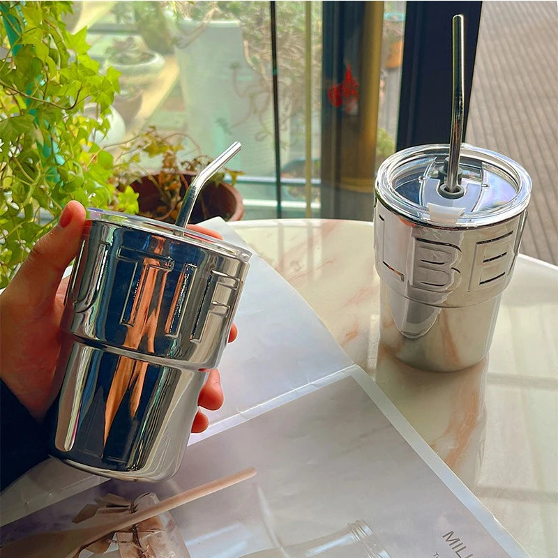 Mirrored Glass Coffee Cup with Lid & Straw – 420ml Glass Drinkware Cup Peaceful Pleasures Health and Wellness