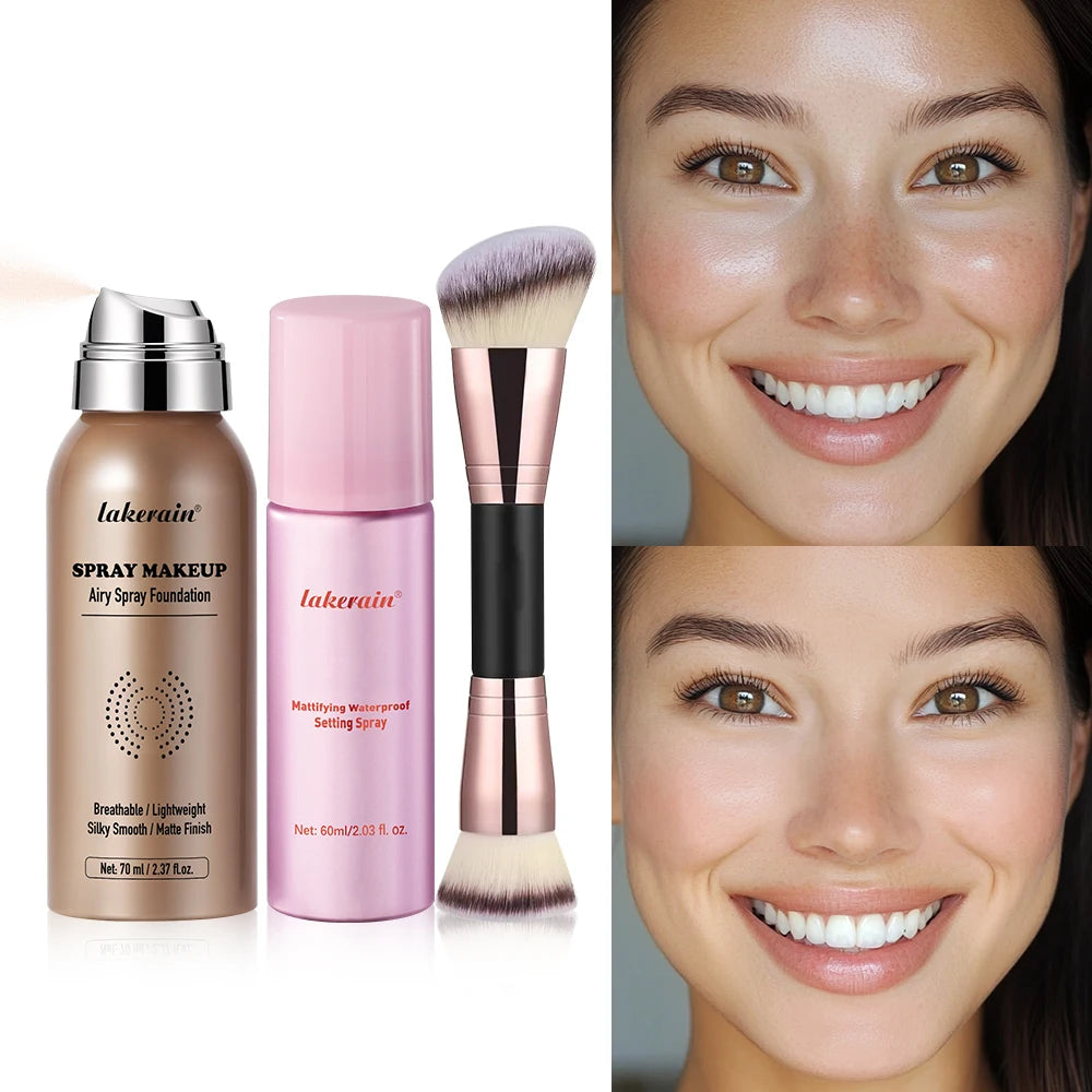 3Pcs Magic Airbrush Foundation Spray Makeup Set With Setting Spray & Makeup Brush Waterproof Matte Flawless Silky Mist Long Last Peaceful Pleasures Health and Wellness set1