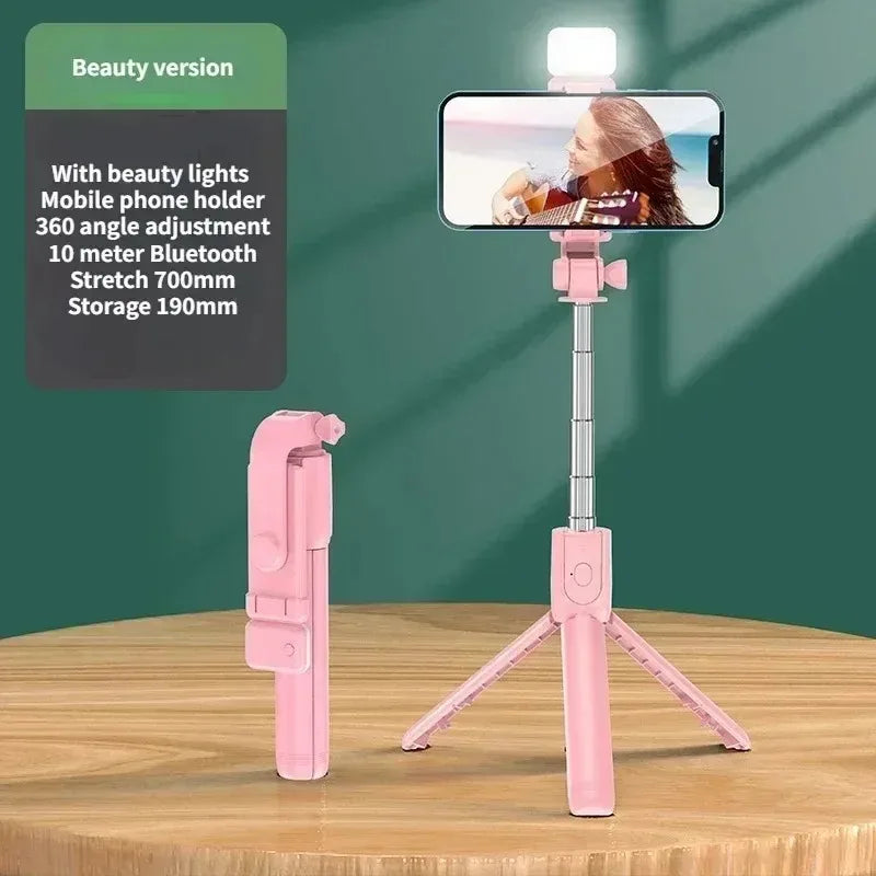 Selfie Stick Wireless Tripod Stand with Light Bluetooth Remote Extendable Tripod for iPhone Mobile Phone Live Streaming Peaceful Pleasures Health and Wellness Pink With Lights