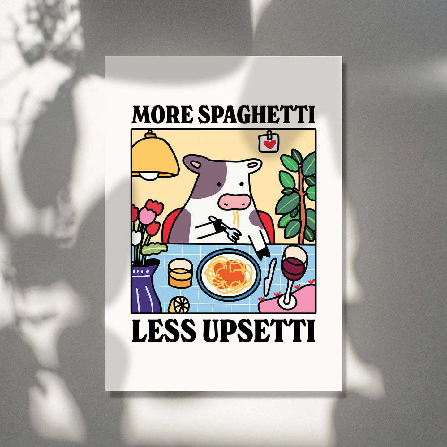 More Spaghetti Less Upsetti Cartoon Cow Wall Art Prints Canvas Painting Poster Picture For Living Children Room Home Decor Gift Peaceful Pleasures Health and Wellness